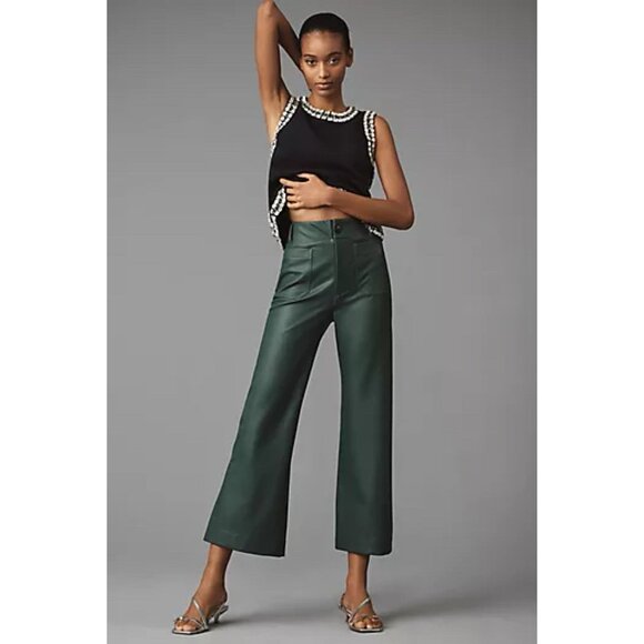 Anthropologie Maeve Colette Cropped Wide Leg Faux Leather Pants Womens 32 Green
